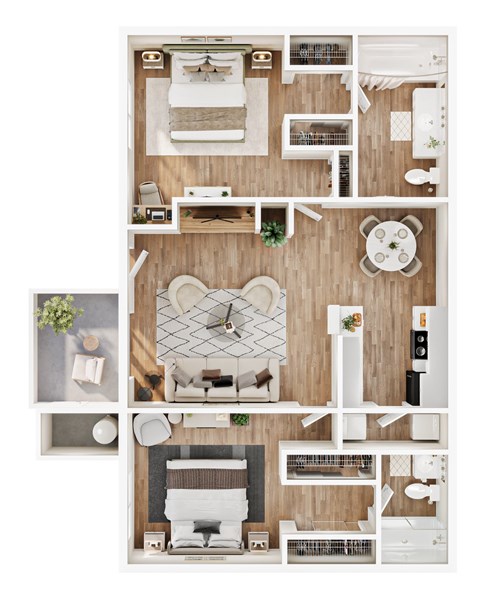 Floor plan for 2 beds, 2 baths, 998 sqft